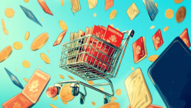 a shopping cart loaded with passports, coins are flying around it.