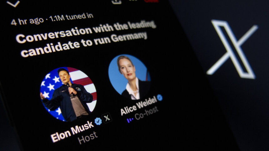 Screenshot auf dem Elon Musk, Alice Weidel und das Logo von X zu sehen sind