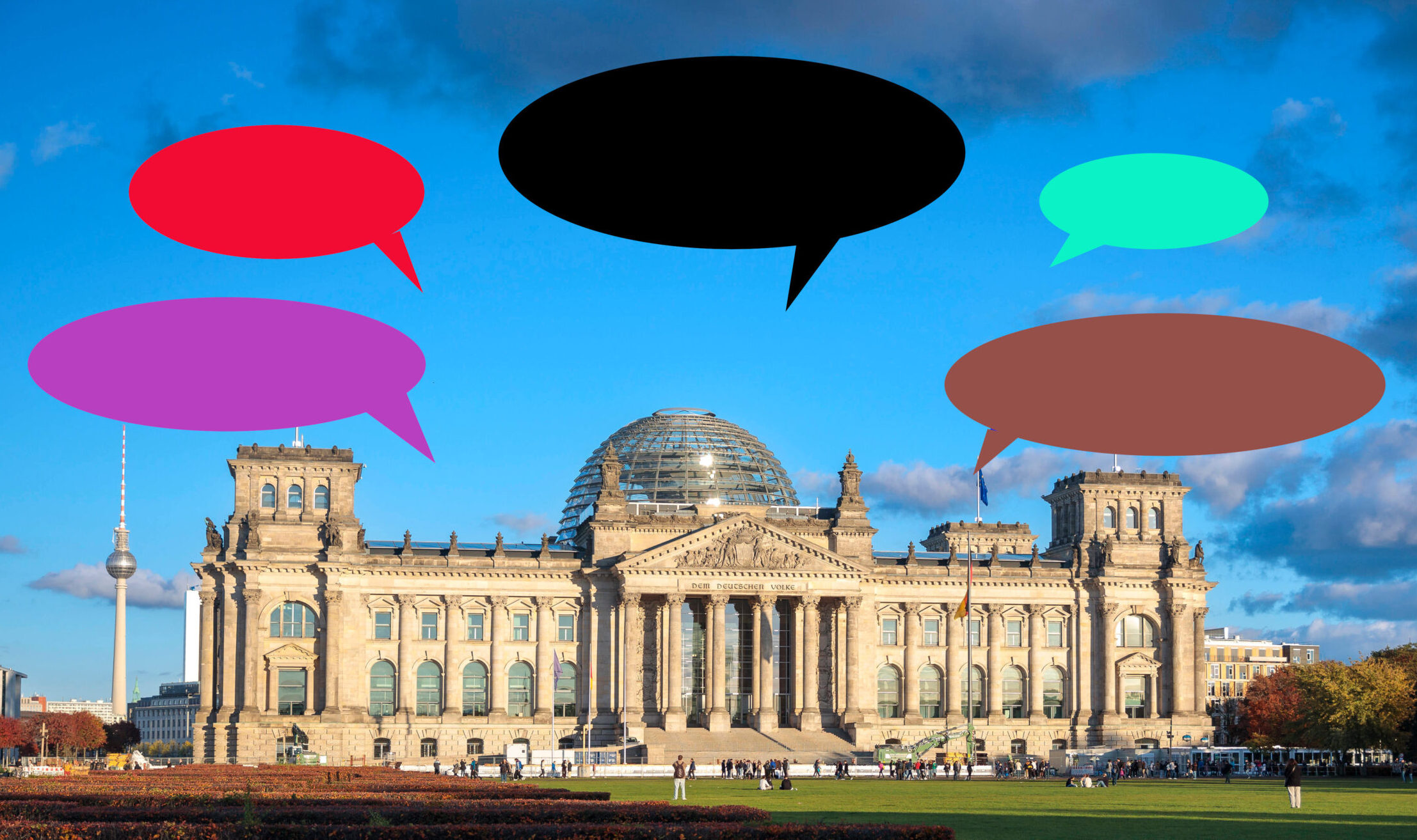 Der Reichstag von außen, darüber Sprechblasen.
