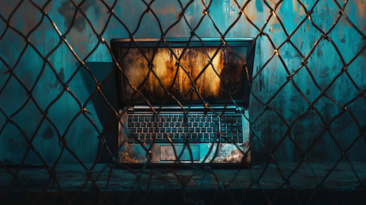 Ein Laptop hinter einem Zaun.