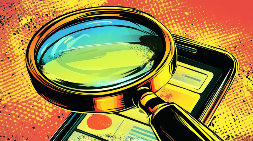 Eine Lupe über einem Smartphone.