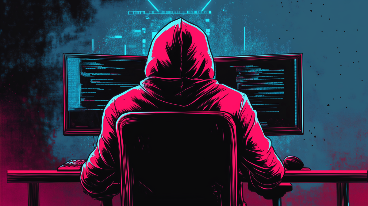 Ein Mensch mit Kapuze sitzt vor einem Computer.