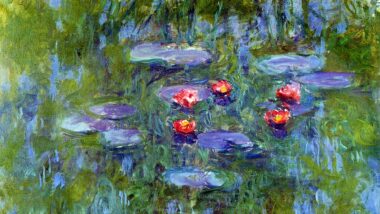 Ein Ausschnitt eines Gemäldes von Claude Monet, das fünf Wasserlilienblüten zeigt