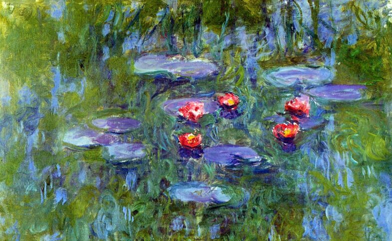 Ein Ausschnitt eines Gemäldes von Claude Monet, das fünf Wasserlilienblüten zeigt