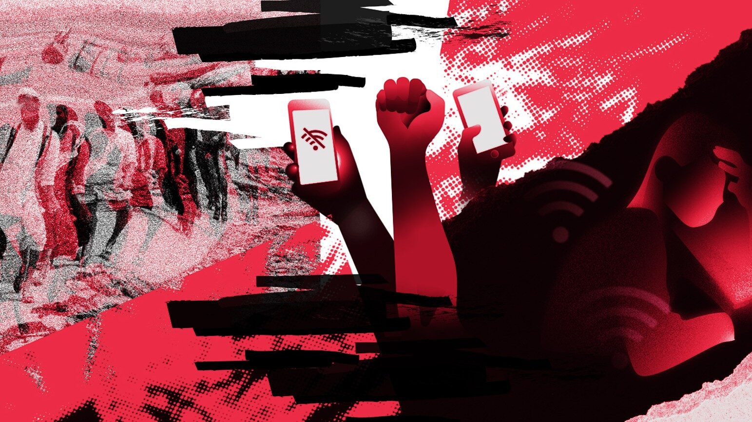 Eine Collage in rot, weiß und schwarz, die Mobiletelefone, protestierende und isolierte Menschen enthält