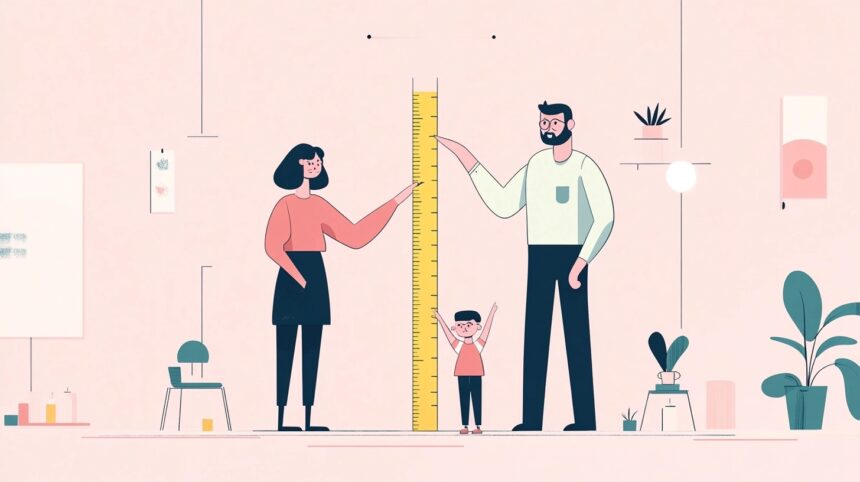 Illustration: Zwei Erwachsene und ein Kind stehen vor einem Maßband