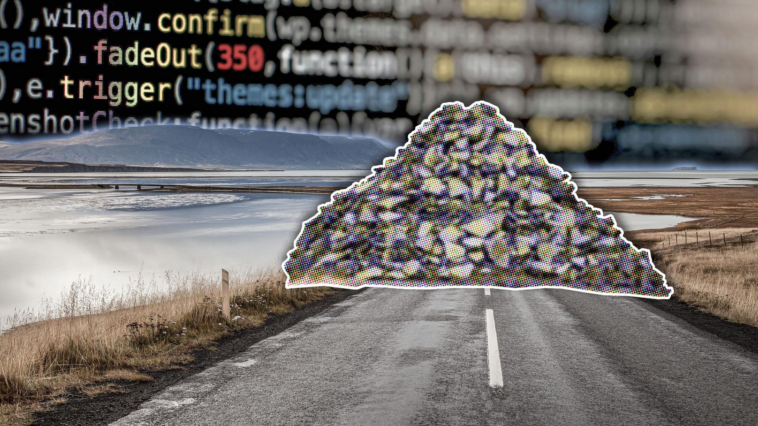 eine Straße führt durch eine Seenlandschaft, die Straße wird blockiert von einem Steinhaufen, statt eines Himmels Quellcode im oberen Bilddrittel