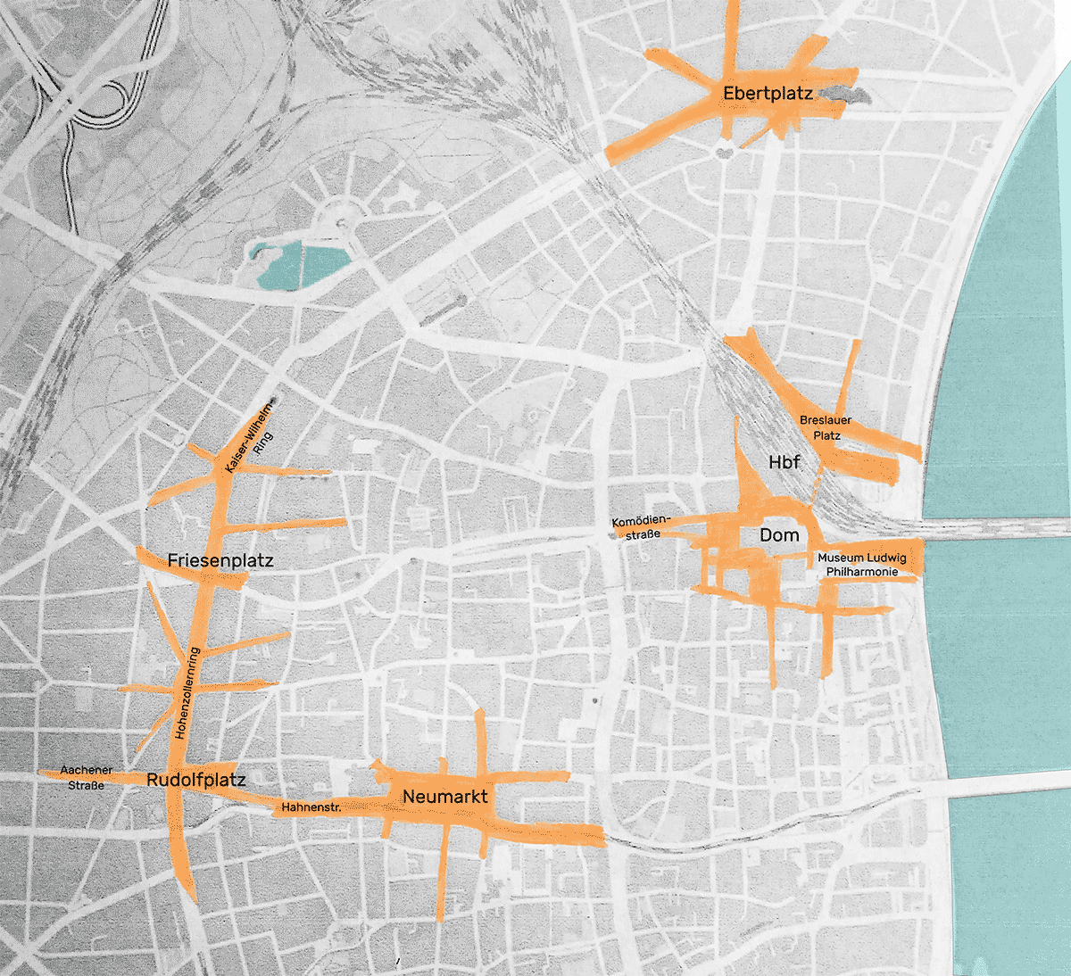 Die Videoüberwachungsbereiche in der Innenstadt von Köln.