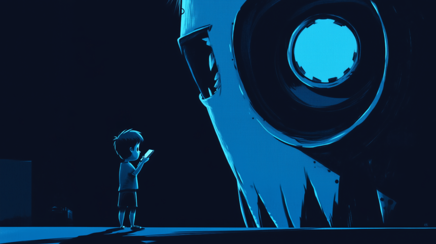 Ein Kind guckt aufs smartphone und wird von einer Riesenkamera beobachtet.