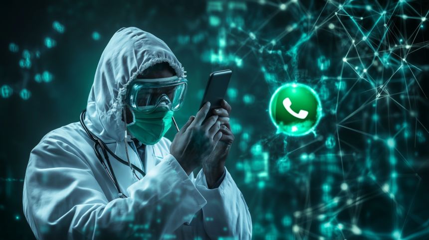 Ein Mensch im weißen Schutzanzug untersucht ein Telefon.