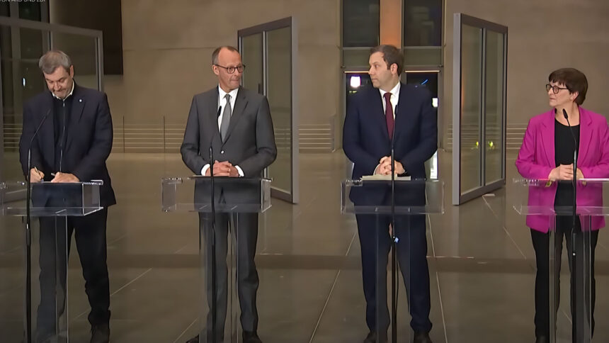 Markus Söder (CSU), Friedrich Merz (CDU), Lars Klingbeil (SPD) und Saskia Esken (SPD) geben am 4. März eine Pressekonferenz zu den Sondierungsgesprächen