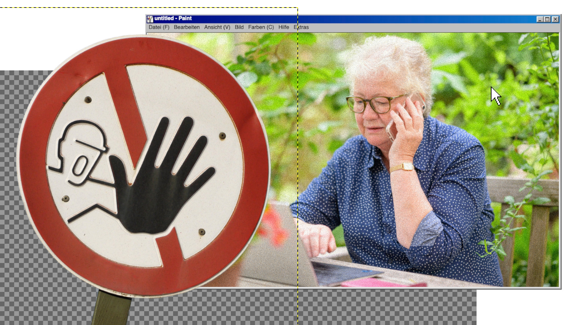 Eine ältere Frau am Laptop und Smartphone. Ein Betreten-verboten-Schild.