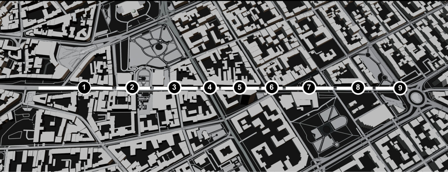 Karte von Belgrad, welche die Straße Kralja Milana zeigt. Die Straße ist nach Zonen aufgeteilt von 1-8
