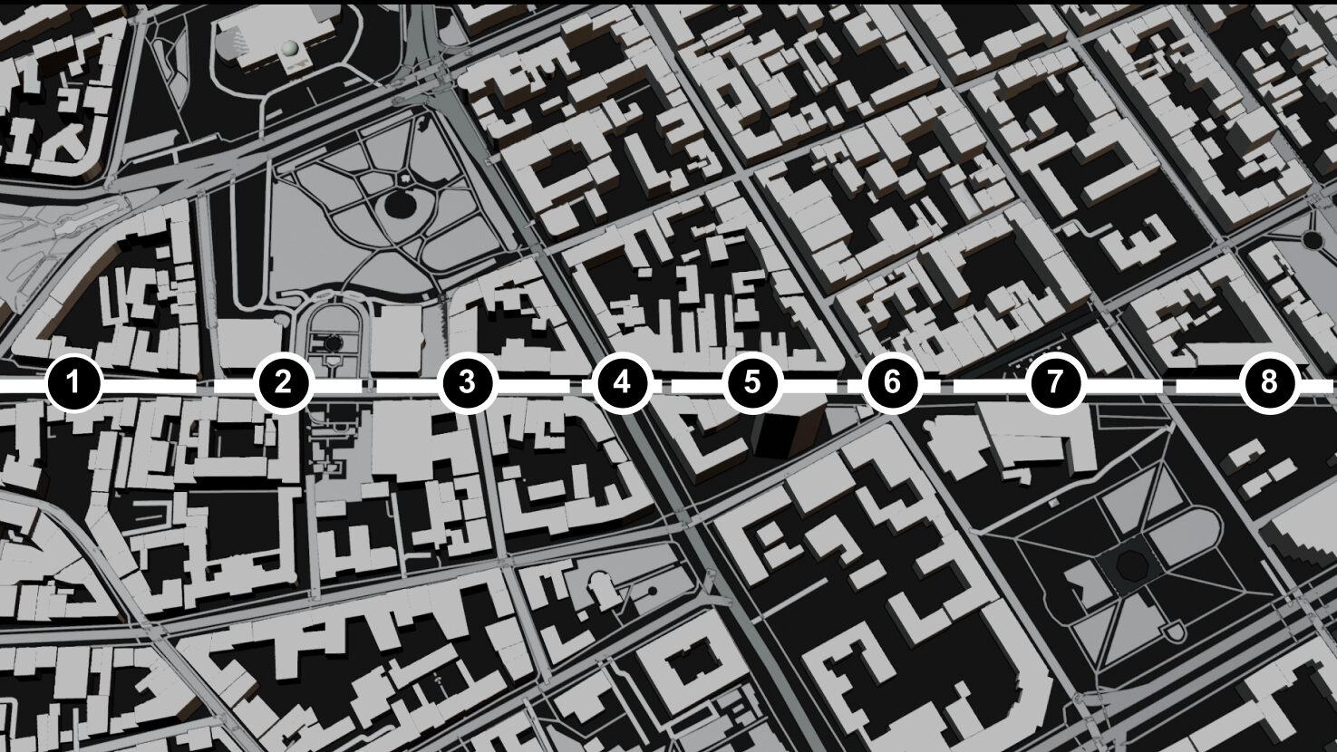 Karte von Belgrad, welche die Straße Kralja Milana zeigt. Die Straße ist nach Zonen aufgeteilt von 1-8