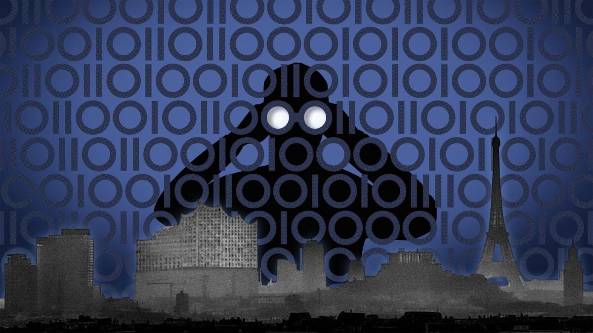 EU-Skyline mit Elbphilharmonie, Akropolis und Eiffelturm, dahinter Zeilen von Nullen und Einsen und der Schattenriss einer Person, die mit dem Fernglas auf die EU schaut