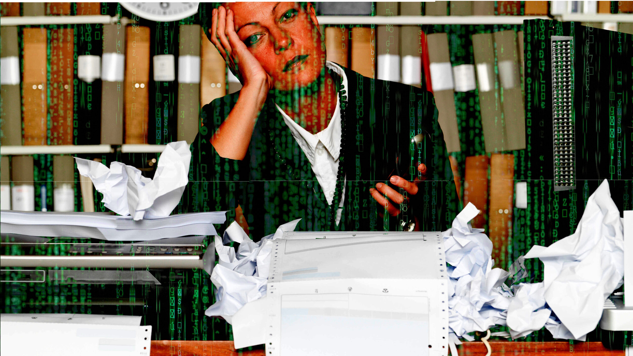 Frau sitzt an einem Schreibtisch mit ganz viel Papier und sieht frustriert aus.