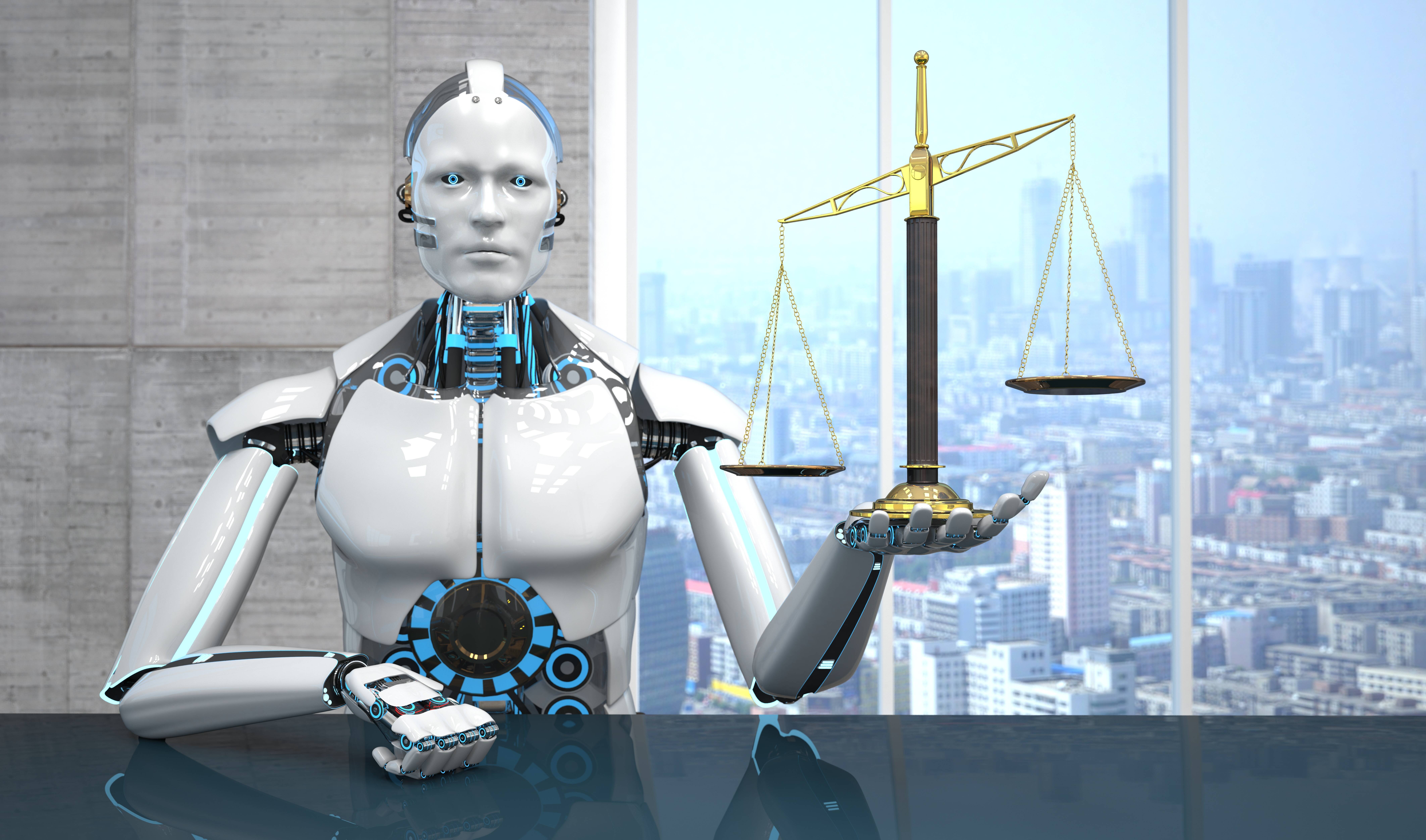 Ein menschlich aussehender Roboter hält eine Waage in Anlehnung an Justitia