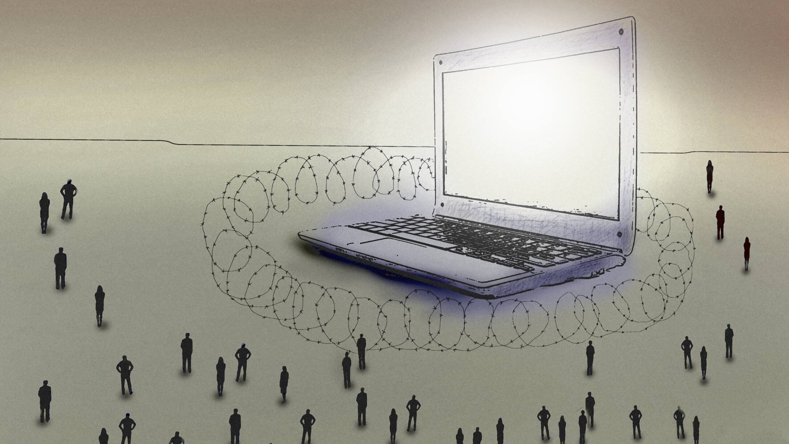 Menschen stehen um einen Stacheldraht, der einen Laptop umzäunt