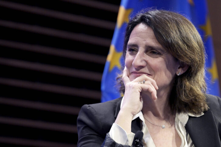 Nahaufnahme der EU-Wettbewerbskommissarin Teresa Ribera scheinbar während eines offiziellen Treffen. Im Hintergrund die Flagge der Europäischen Union.