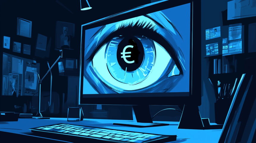 Illustration eines Computerbildschirms, darauf ein Auge mit einem Eurozeichen in der Pupille.