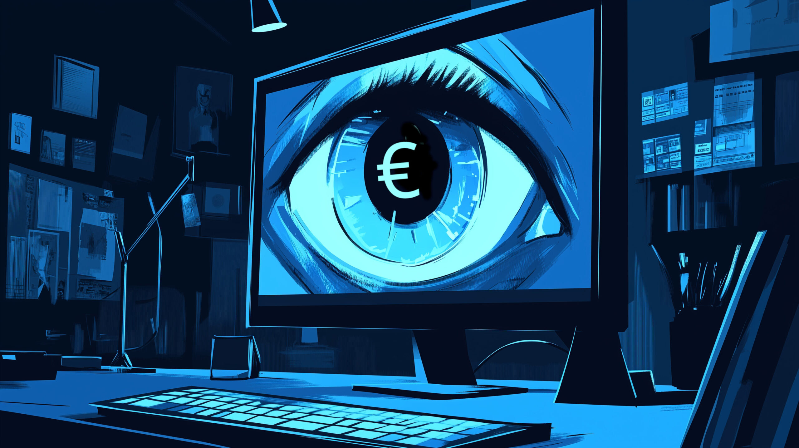 Illustration eines Computerbildschirms, darauf ein Auge mit einem Eurozeichen in der Pupille.