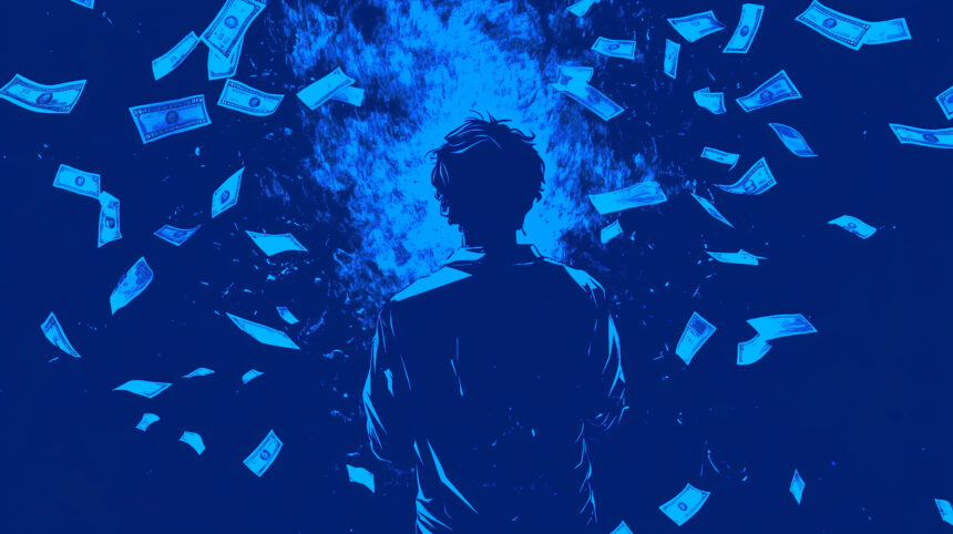 Eine Person, um die herum lauter Geldscheine flattern.