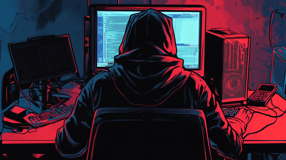 Ein Mensch mit Kapuzenpullover sitzt vor einem Computer.