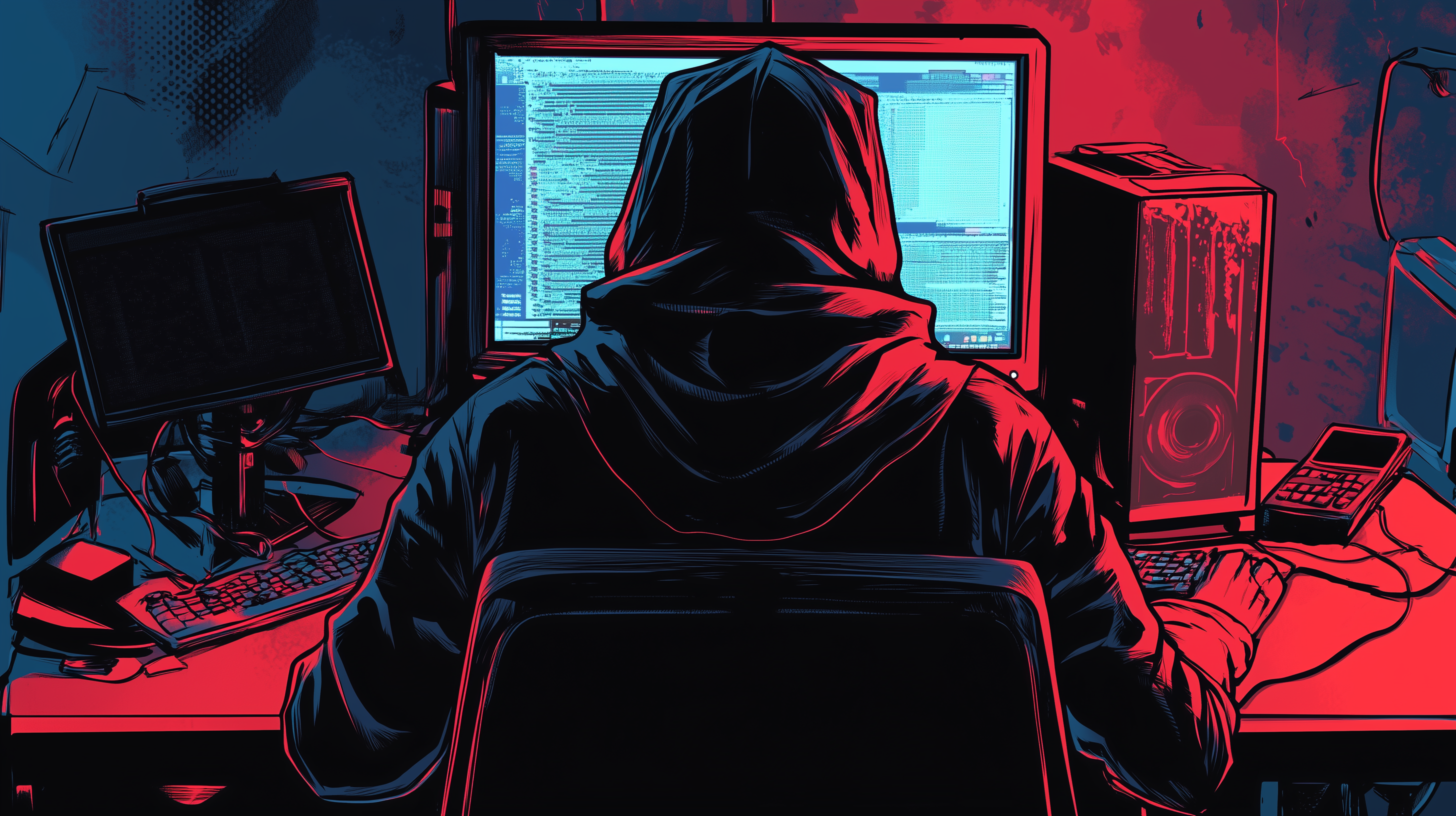 Ein Mensch mit Kapuzenpullover sitzt vor einem Computer.