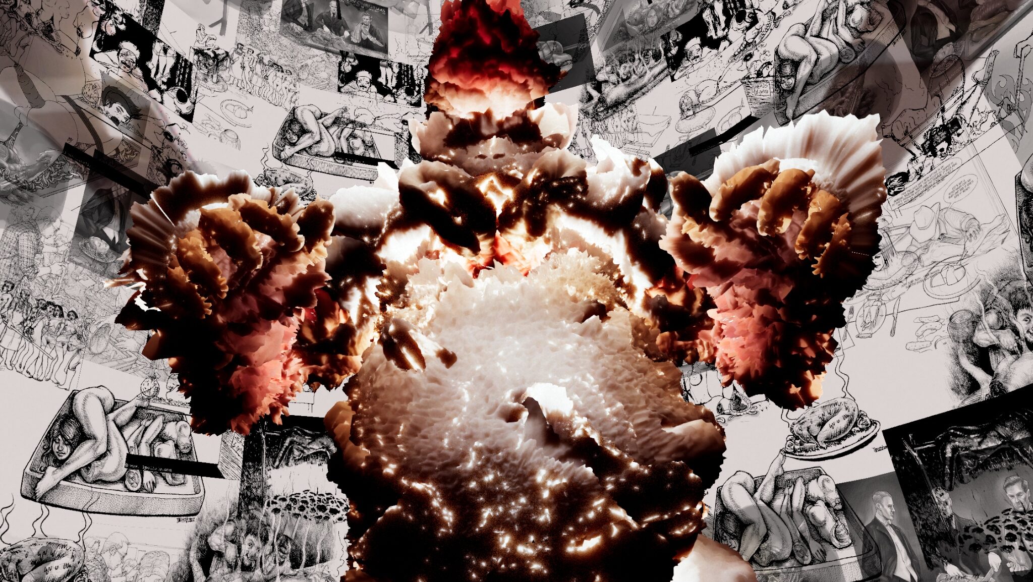 Eine Person, zerfranst und verpixelt, im Hintergrund Zeichnungen mit Körpern