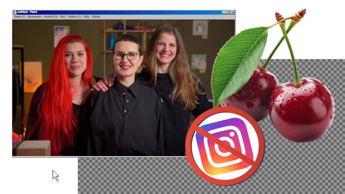 Bunte Montage. Ein Porträt der Gründerinnen von Porn Better. Eine saftige Kirsche. Ein durchgestrichenes Instagram-Logo.