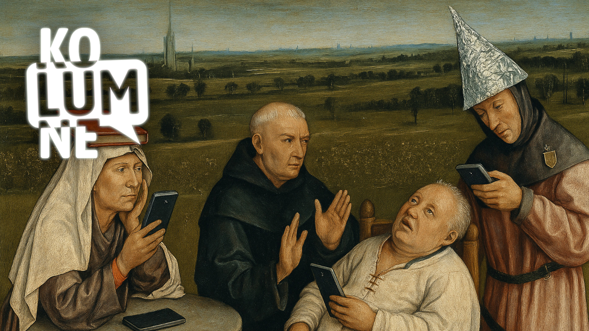 Menschen auf einem mittelalterlichen Gemälde mit Handys in der Hand