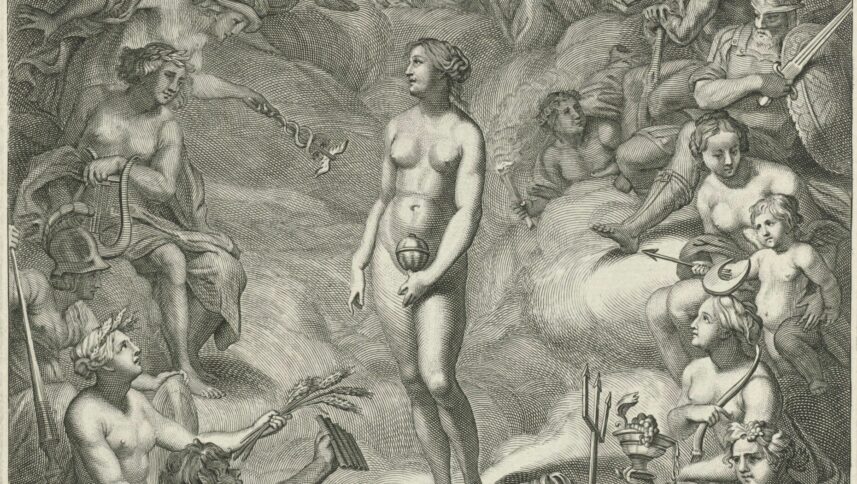 Zeichnung der Pandora mit Büchse, umringt von Göttern im Olymp.