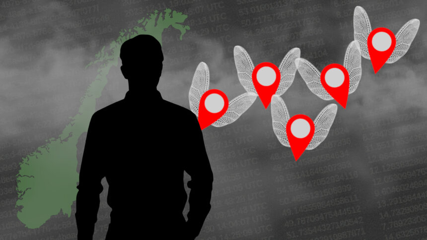 Die Silhouette einer männlichen gelesenen Person; die Umrisse des Landes Norwegen; geflügelte Stecknadeln, die Standortdaten symbolisieren; Nebel