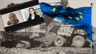 Eine Collage: Im Hintergrund ein großer Radlader in einer Kupfer-Kobalt-Mine im Kongo, im Vordergrund eine EU-Flagge und ein Videokonferenz-Screen mit Fotos von Christian Rumu und Kristina Hatas
