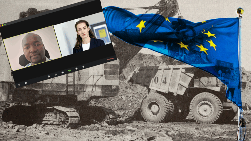 Eine Collage: Im Hintergrund ein großer Radlader in einer Kupfer-Kobalt-Mine im Kongo, im Vordergrund eine EU-Flagge und ein Videokonferenz-Screen mit Fotos von Christian Rumu und Kristina Hatas