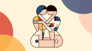 Zwei Figuren im Bauhaus-Stil sitzen sich gegenüber und legen die Stirn aneinander, die Stimmung ist intim und zärtlich.