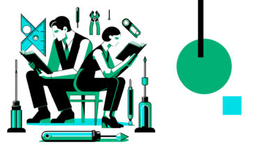 Illustration im Bauhaus-Stil. Personen lesen ein Handbuch; im Hintergrund Werkzeuge.