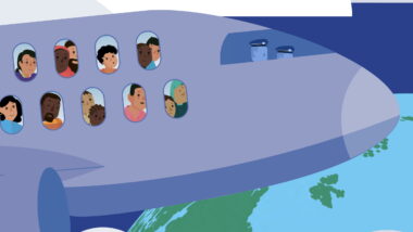 Illustration: Menschen schauen aus einem Flugzeug