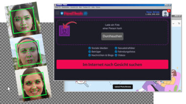 Gesichter von drei Personen mit hervorgehobenen, biometrischen Merkmalen; Screenshots von Gesichtersuchmaschinen