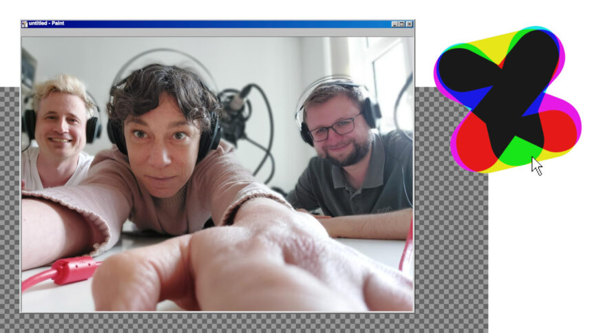 Eine Collage mit dem re:publica-Logo und einem Foto in einem Browserfenster, auf dem drei lächelnde Menschen mit Kopfhörer zu sehen sind