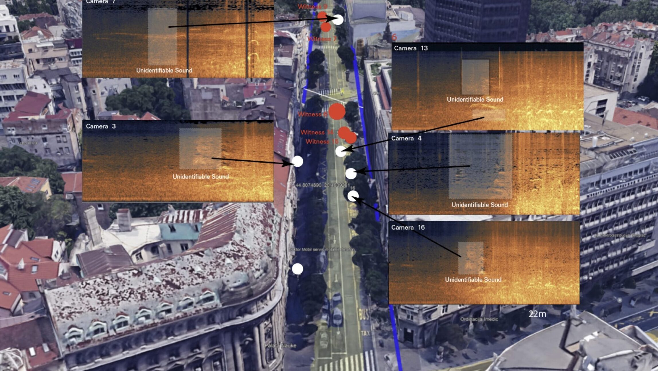 Aerial Picture of Belgrade with sound waves at different locations.