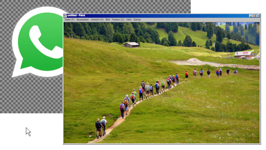 Eine Gruppe Menschen wandert durch einen grüne Landschaft. Ein WhatsApp-Logo
