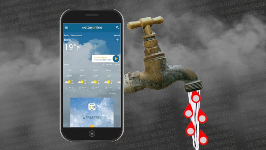 Ein Smartphone mit Wetter-Online-App. Aus dem Gerät kommt ein Wasserhahn. Aus dem Wasserhahn tröpfeln GPS-Daten.