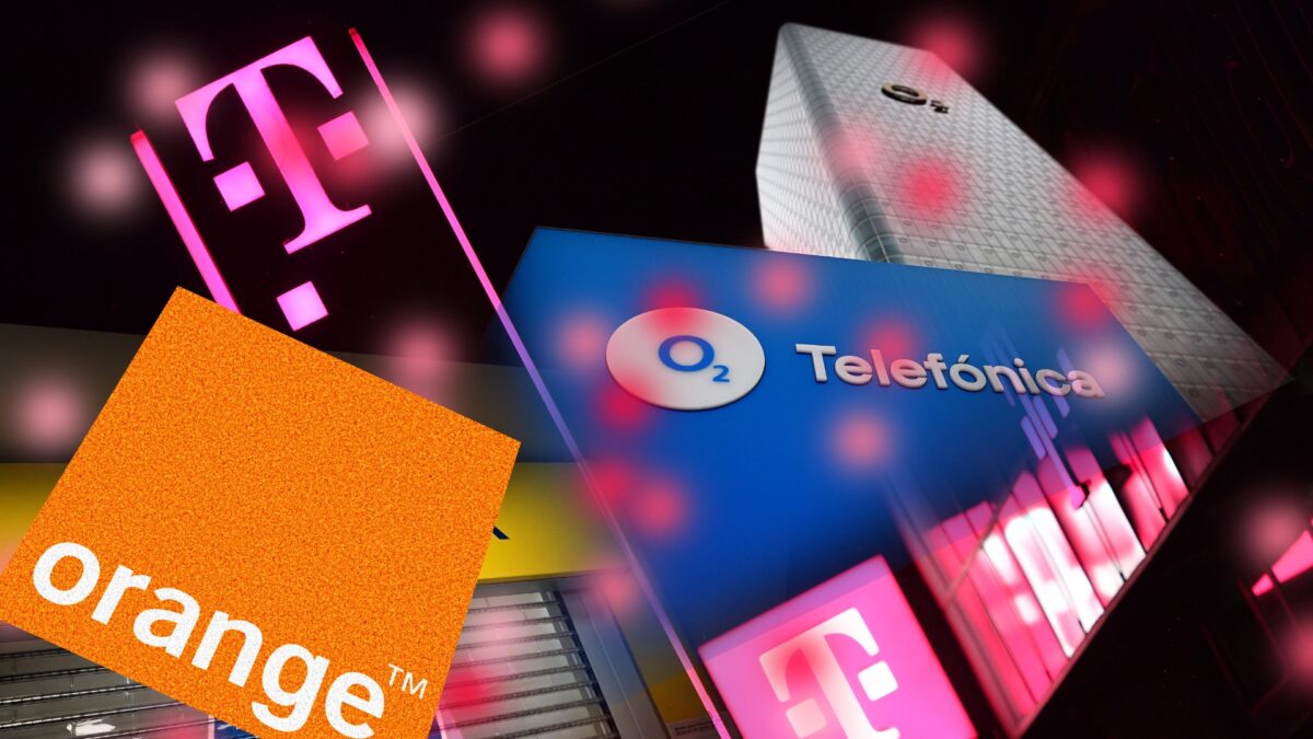 Die Logos von Orange, Telefonica und Telekom