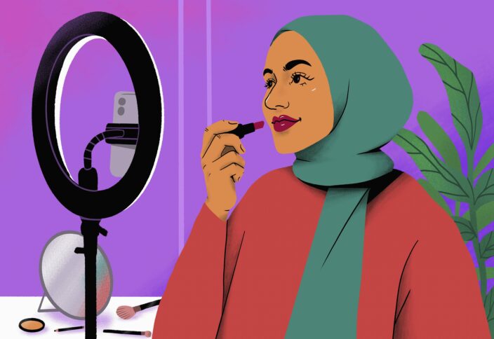 bunte Illustration einer Frau, die vor einem Ringlicht einen Lippenstift testet.