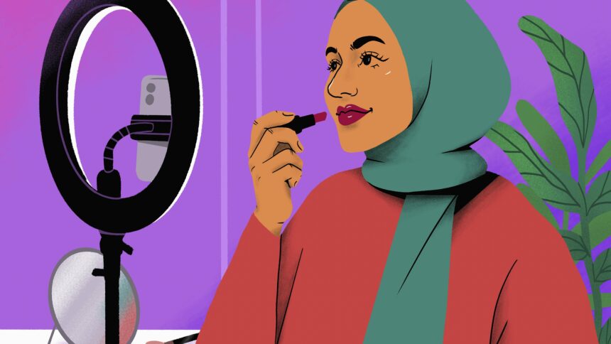 bunte Illustration einer Frau, die vor einem Ringlicht einen Lippenstift testet.