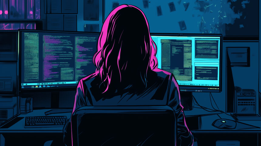 Eine Hackerin vor Bildschirmen.