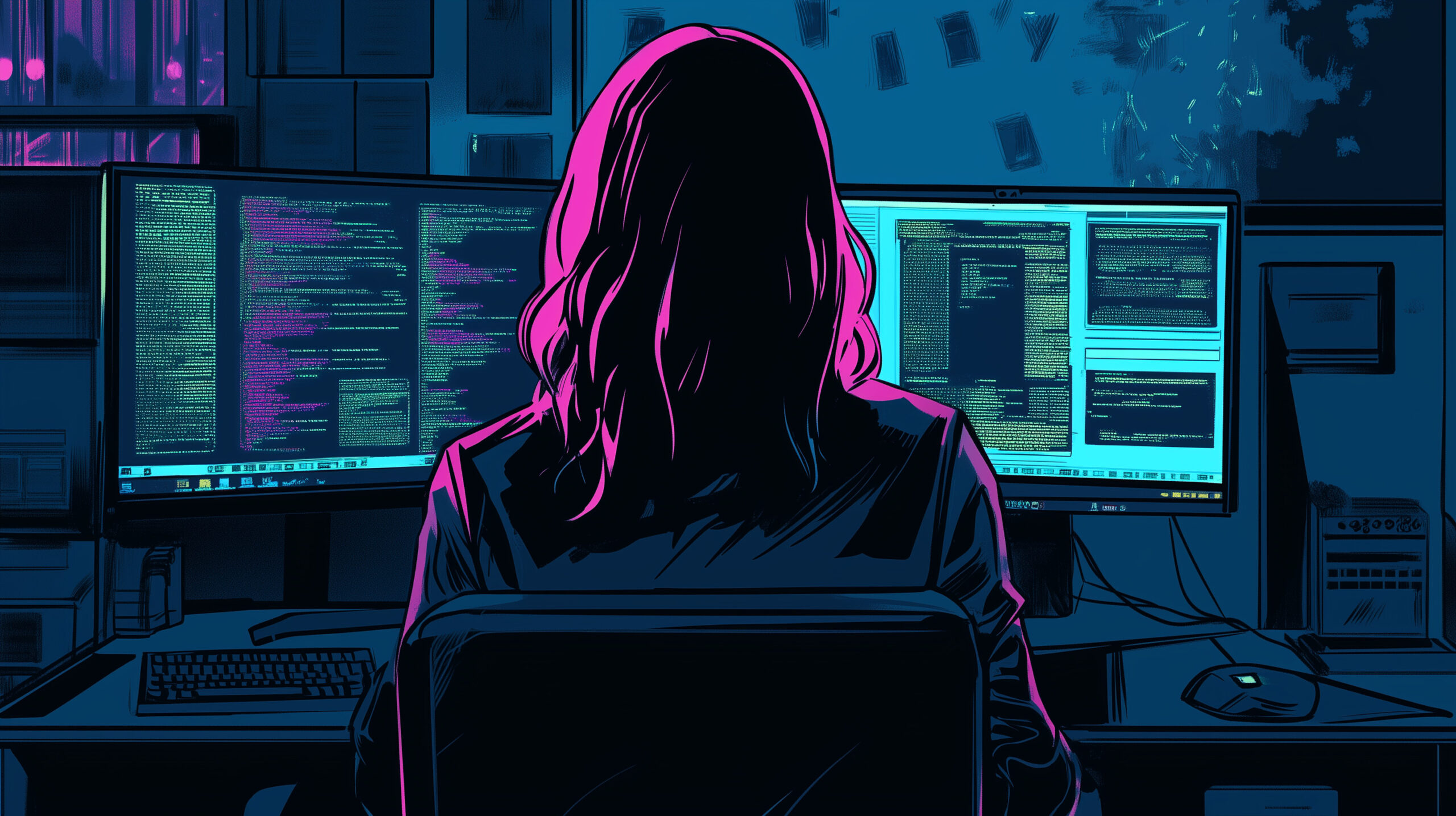 Eine Hackerin vor Bildschirmen.