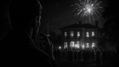 Ein Bild in fast schwarzen Tönen wie jemand mit einer Zigarette auf ein großes Haus schaut, über dem ein Feuerwerk ist.