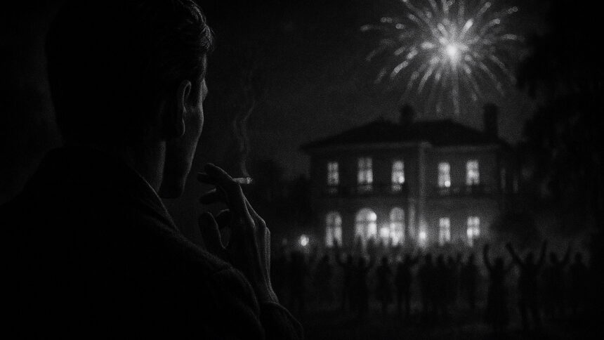 Ein Bild in fast schwarzen Tönen wie jemand mit einer Zigarette auf ein großes Haus schaut, über dem ein Feuerwerk ist.
